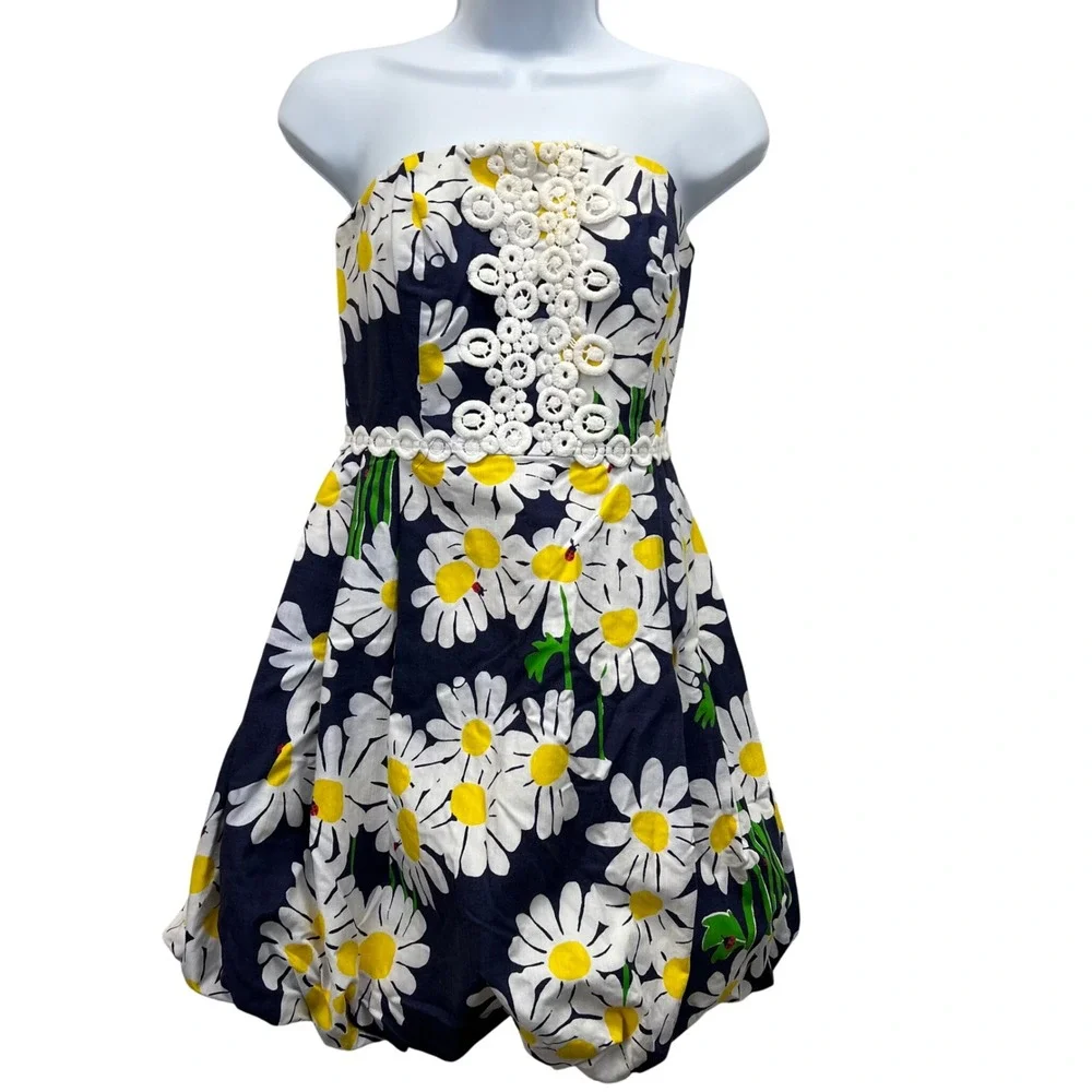 Lilly Pulitzer Original Look Lady Navy Daisy Strapless Ladybug Bubble Dress Sz 2